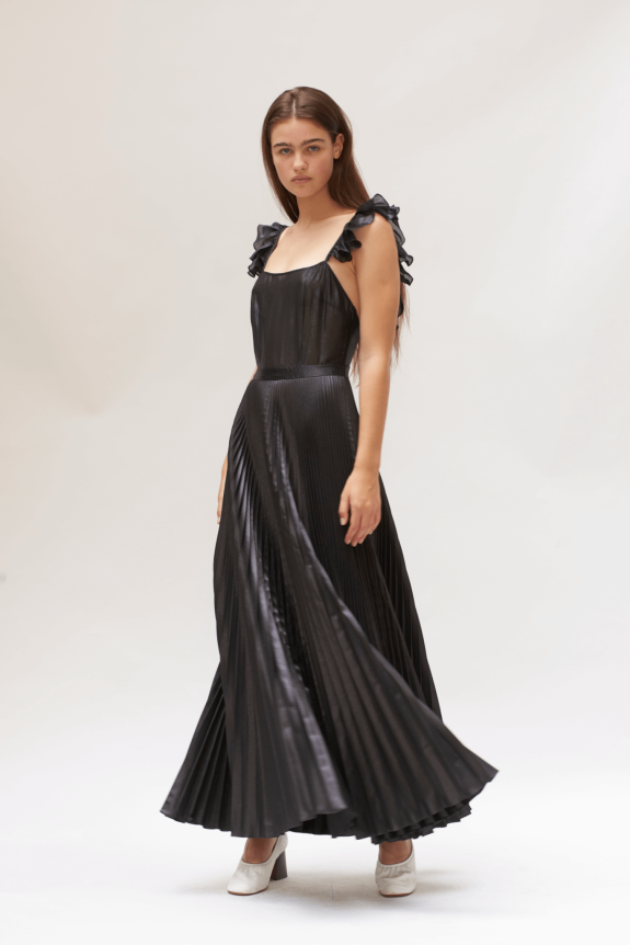 Hesperios black, pleated, silk lamé, full-length dress with ruffled shoulder straps and a fitted bodice.