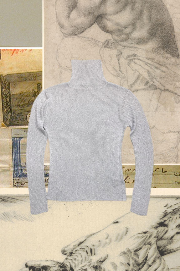 A light gray, fitted rib-knit turtleneck sweater set against a background of classical sketch artwork.
