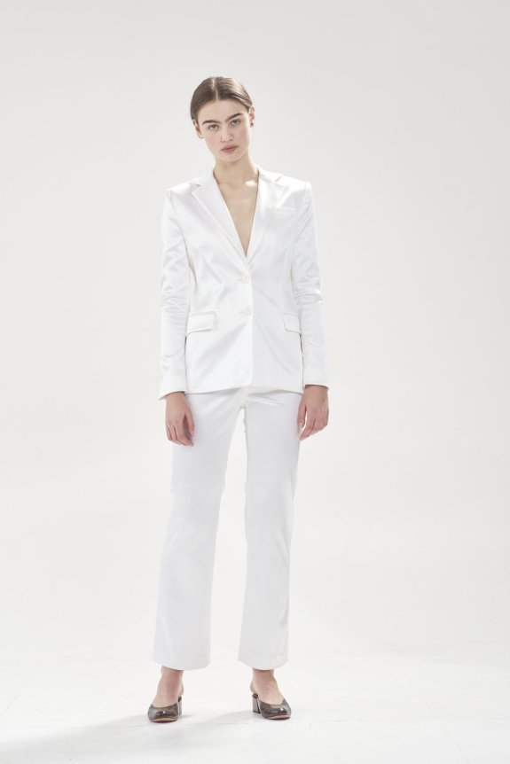 Hesperios Amelia Pants and Marlon Blazer in white satin.