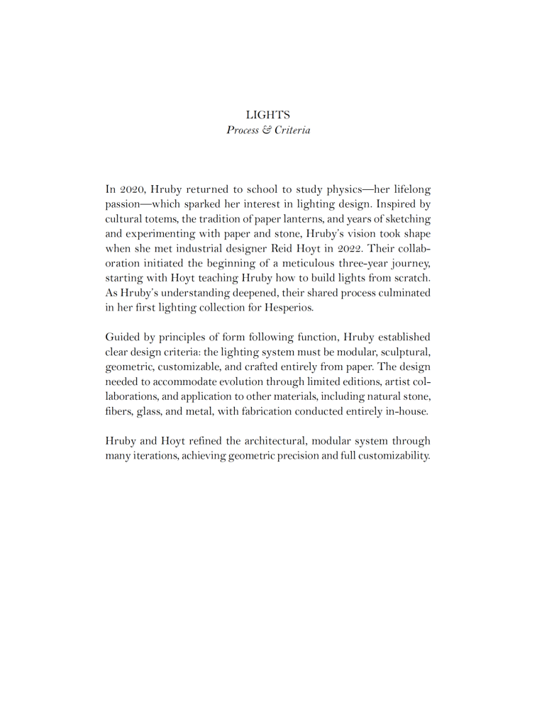 A text document titled "LIGHTS Process & Criteria" detailing Hruby's journey into lighting design and collaboration with Reid Hoyt.