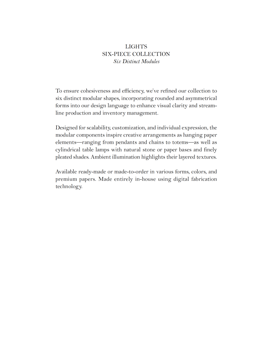An informational document about a six-piece modular light collection emphasizing modular shapes, customization, and ambient illumination, available in various forms, colors, and papers.