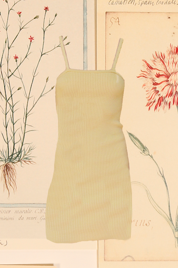 Light gray ribbed turtleneck sweater with a fitted silhouette, set against a collage of vintage illustrations and maps.