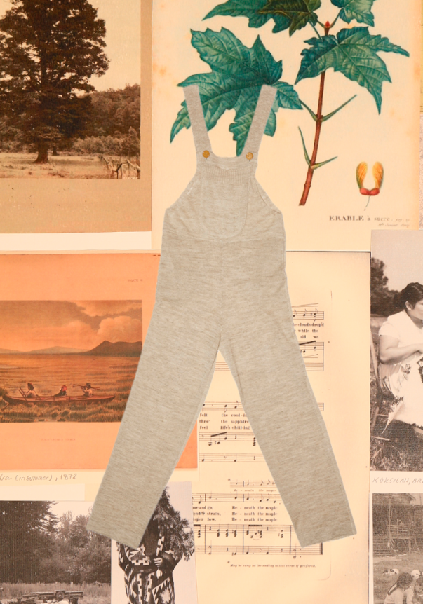 A pair of light gray, woolen overalls with a relaxed fit, featuring adjustable straps with button details, set against a collage of vintage botanical and landscape illustrations.