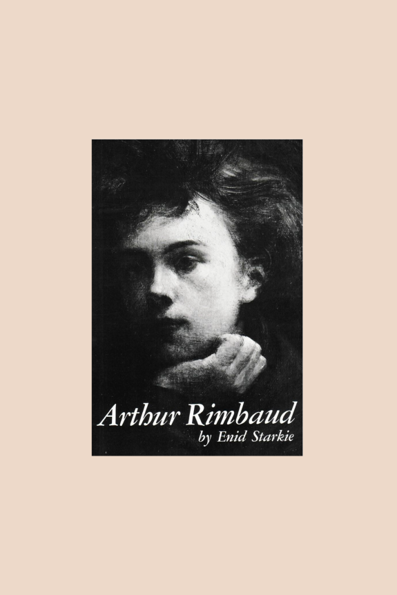 A vintage black and white book cover featuring a portrait sketch of Arthur Rimbaud by Enid Starkie.