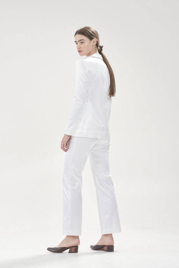 Hesperios Amelia Pants and Marlon Blazer in white satin.