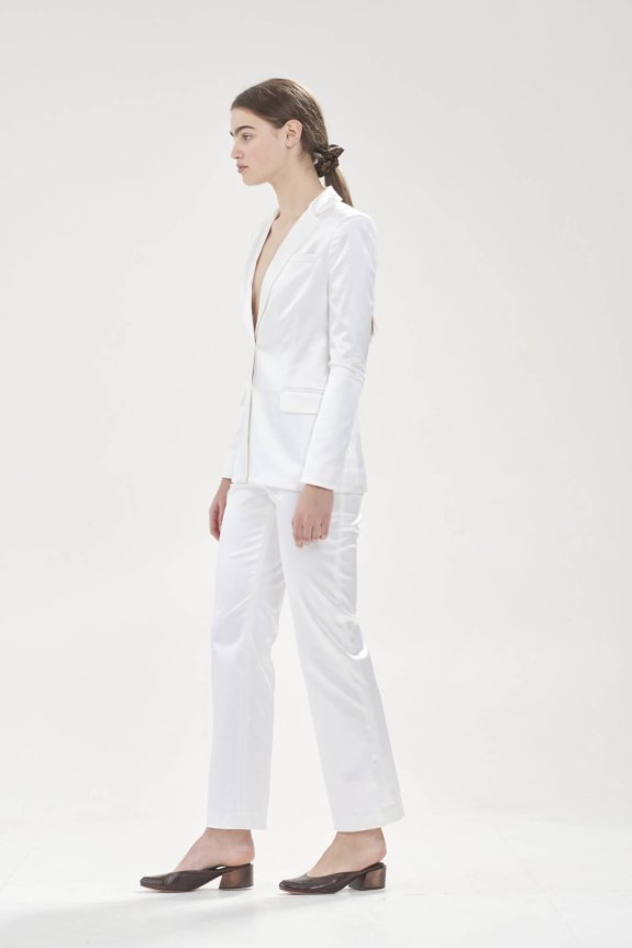 Hesperios Amelia Pants and Marlon Blazer in white satin.