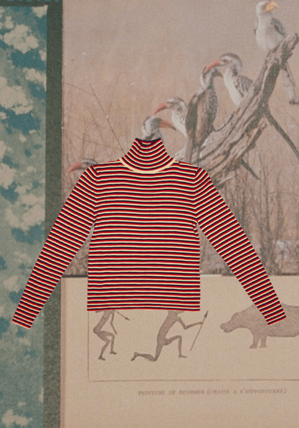 A red and white horizontally striped turtleneck sweater with long sleeves, featuring a fitted cut and a soft, lightweight fabric.