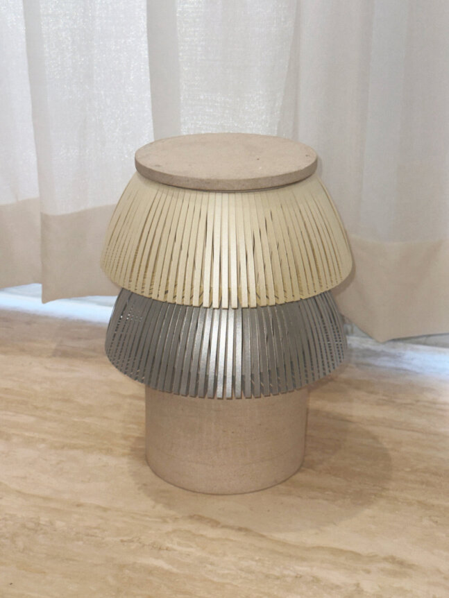 Hesperios modular sculptural lighting system crafted from paper, customizable geometric forms with pleated shades and stone or paper bases