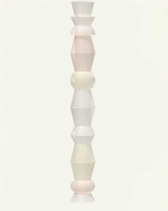 Hesperios modular paper lighting with pleated sculptural shade chain pendant.