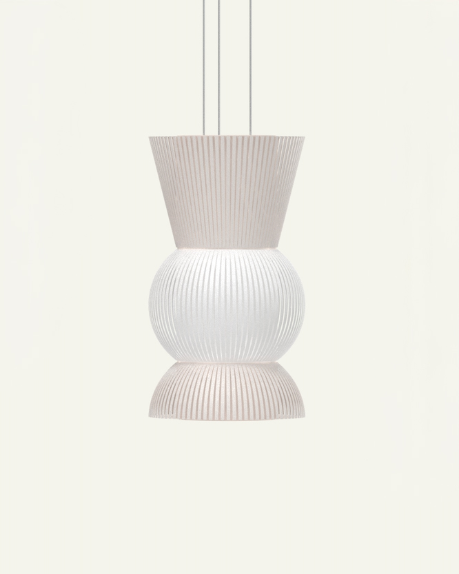Hesperios modular paper lighting with pleated sculptural shade pendant.