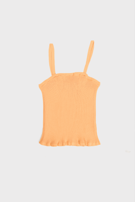 Orange ribbed spaghetti strap tank top on a white background.