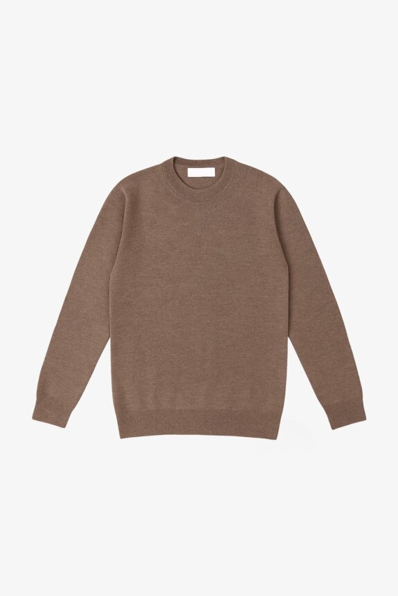 A plain brown sweater with a crew neck and long sleeves.