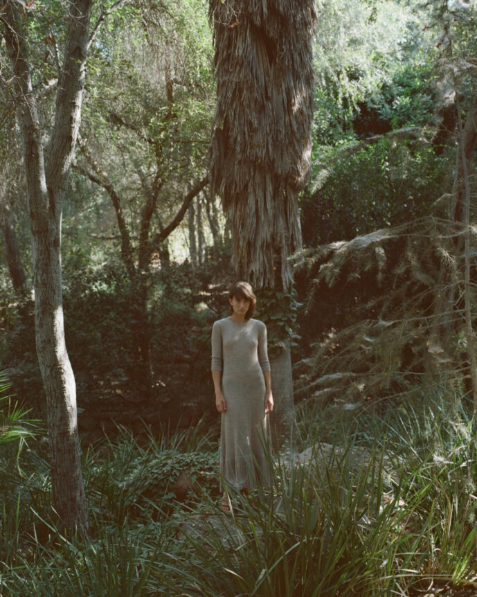 Miranda Kilbey of Say Lou Lou wearing the Atlas Dress of the Hesperios Knit Library