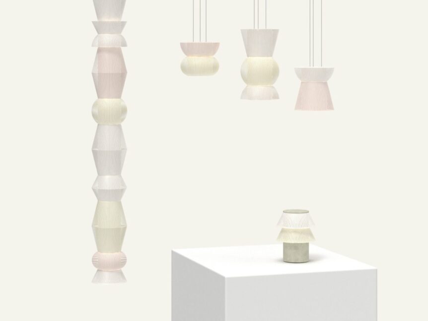 Hesperios modular paper lighting with pleated sculptural shade chain pendant.