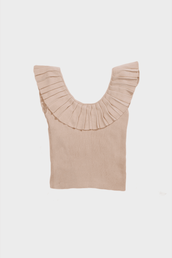 Beige sleeveless top with a pleated ruffled collar.