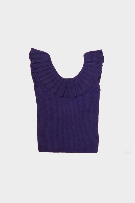 A purple sleeveless top with a pleated neckline on a white background.