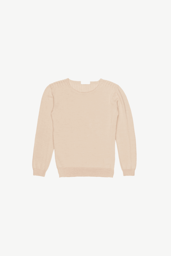 A beige long-sleeve sweater with ribbed cuffs and hem.
