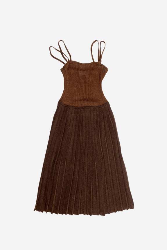 Brown knit dress with spaghetti straps and a pleated skirt.