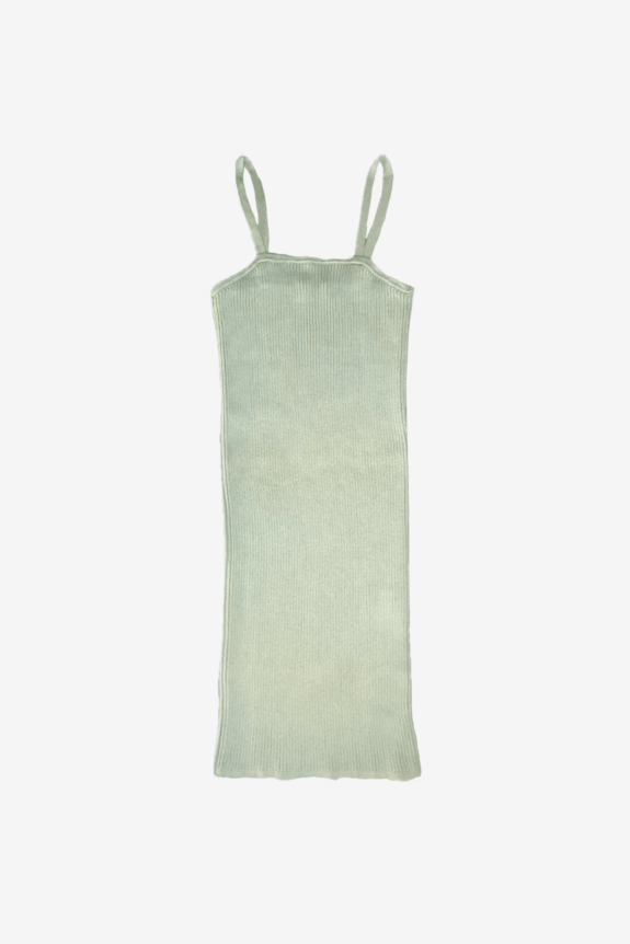 A light green knitted dress with spaghetti straps.