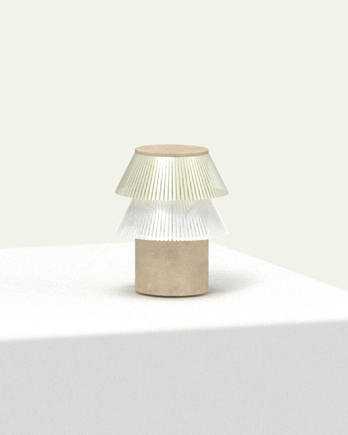 Hesperios modular paper lighting with pleated sculptural table lamp with stone base.