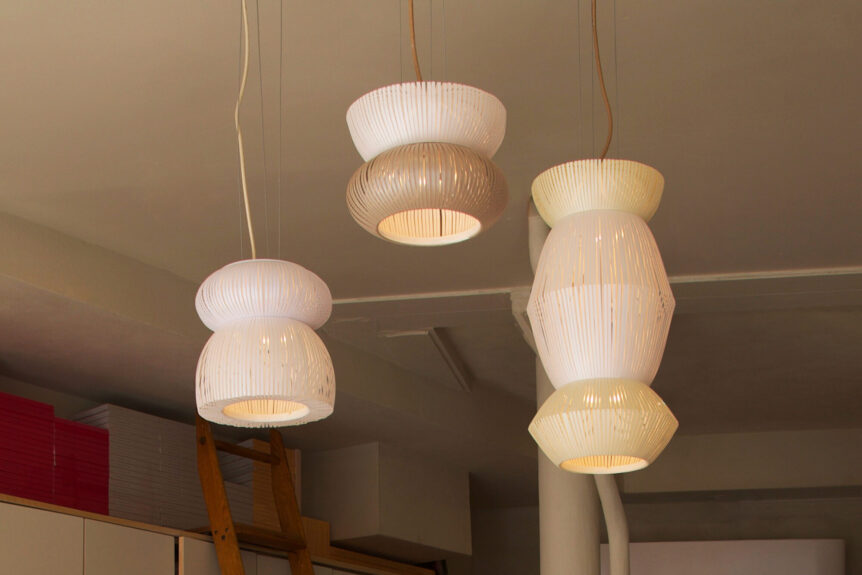 Hesperios modular paper lighting with pleated sculptural shade pendant.