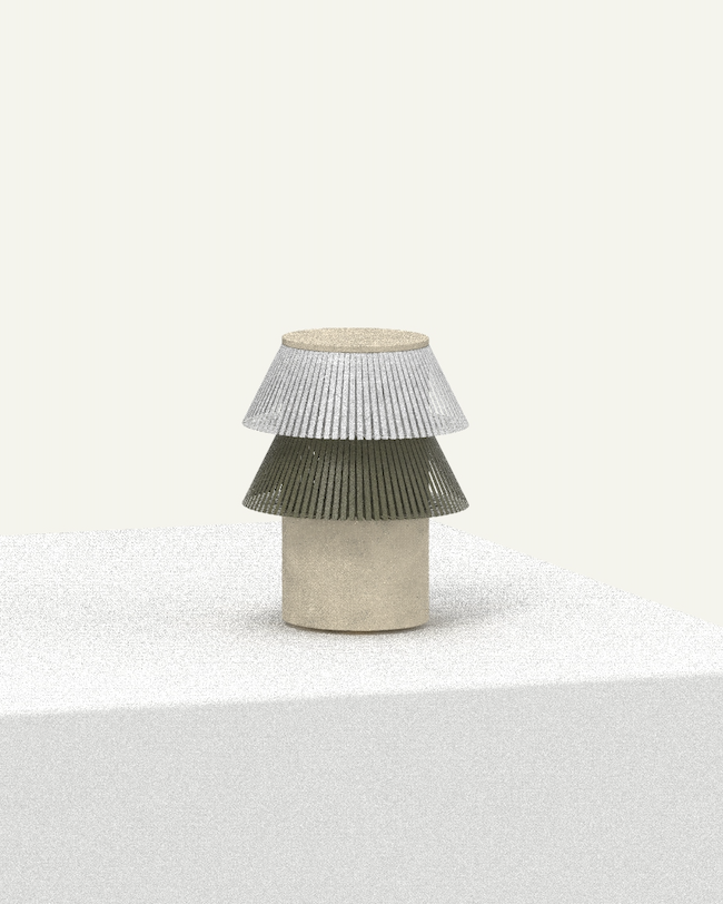 Hesperios modular paper lighting with pleated sculptural table lamp with stone base.