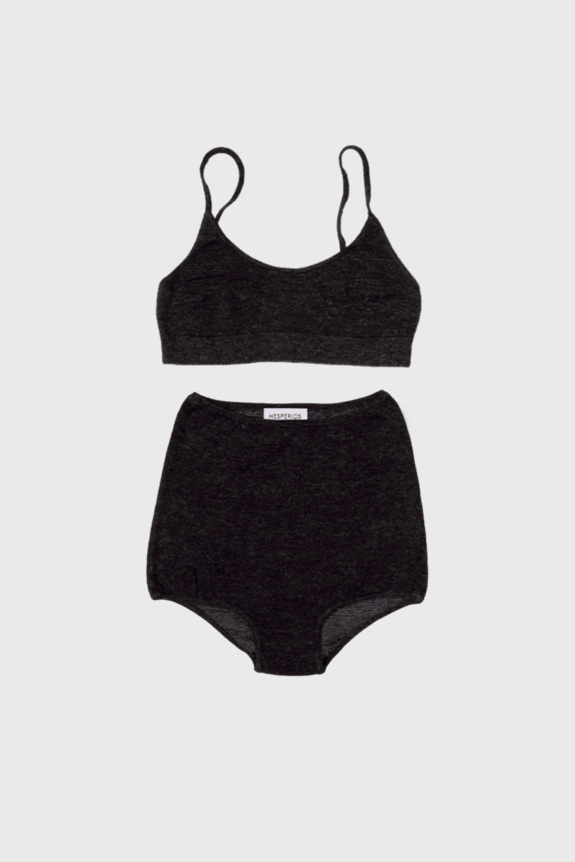 Knit alpaca silk charcoal bralette and high wasted undies set