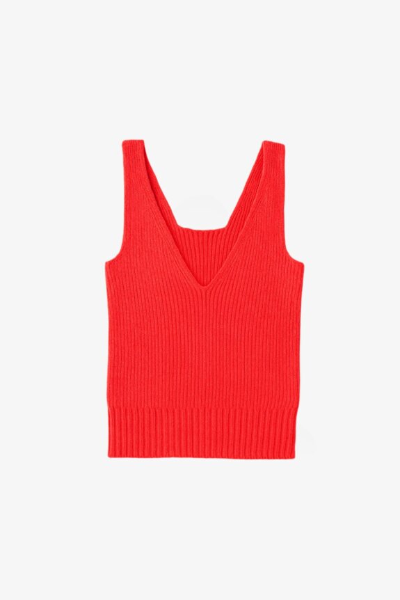 A red sleeveless knitted vest with a V-neck design.