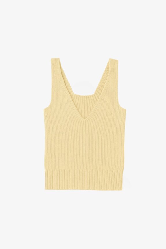 A beige knitted sleeveless top with a V-neck.