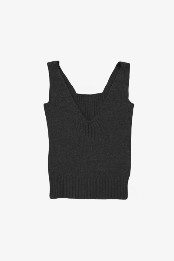 A black ribbed tank top with a V-neck design on a plain background.