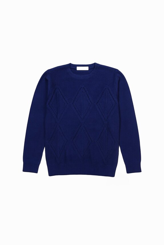 A blue sweater with a diamond pattern and round neckline against a white background.