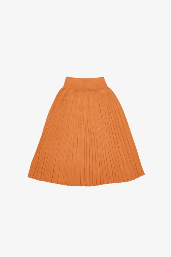 Orange pleated skirt on a plain white background.