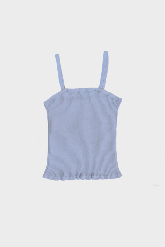 A light blue ribbed knit camisole with ruffled hem and straps.