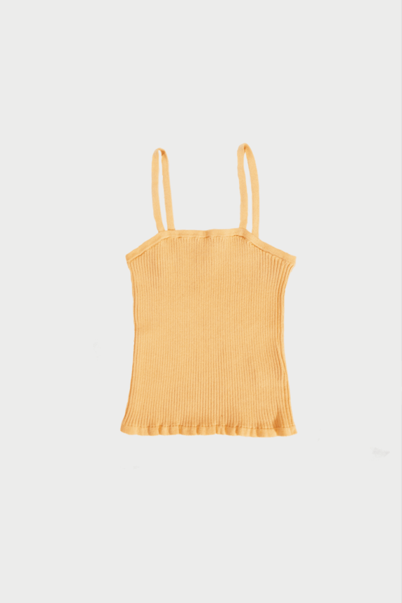 Yellow ribbed camisole with straps on a white background.