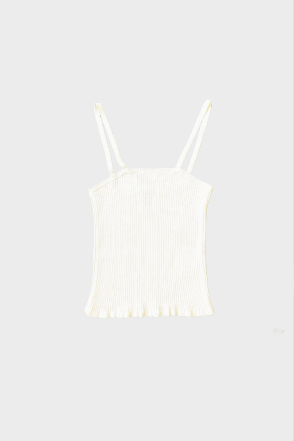 White ribbed camisole with thin straps on a plain background.