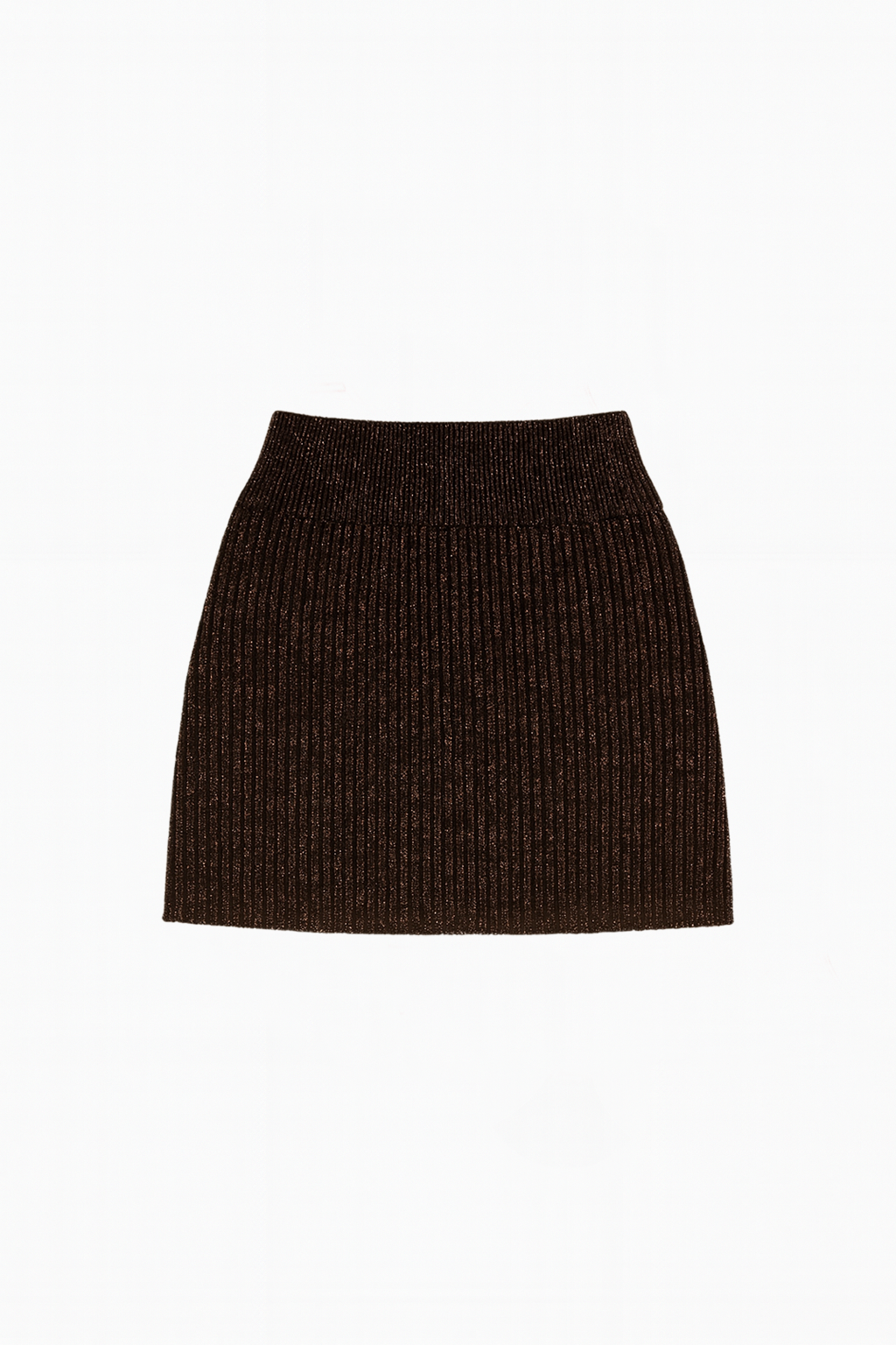 A brown ribbed knit mini skirt against a plain background.