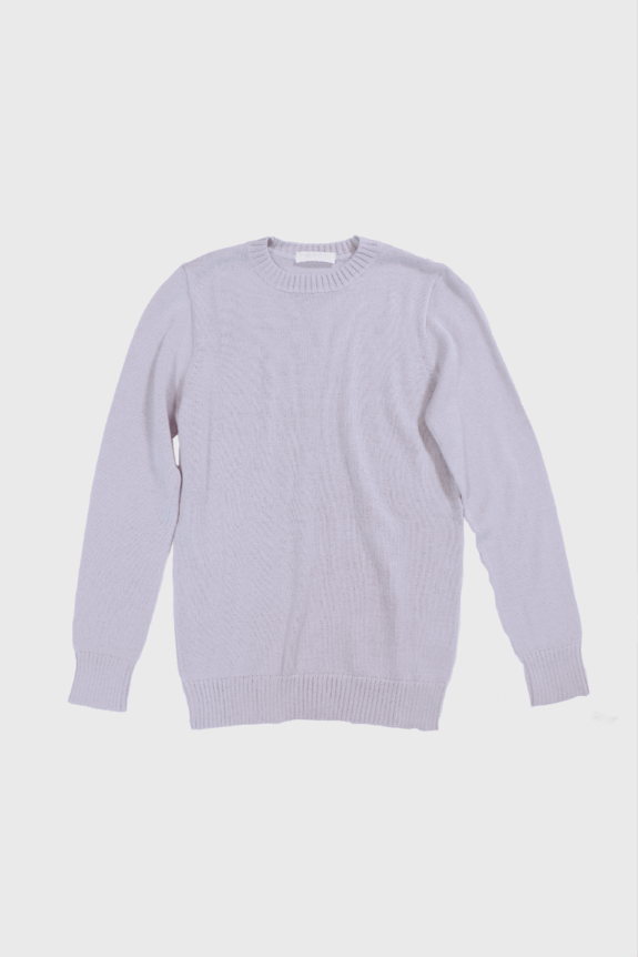 A light lavender knitted sweater with long sleeves on a white background.
