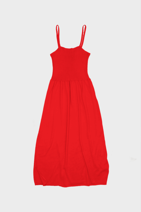 A red sleeveless dress with a fitted top and flared skirt.