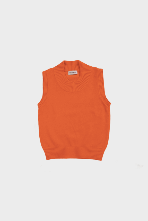 An orange sleeveless knit sweater vest with a ribbed neckline and hem.