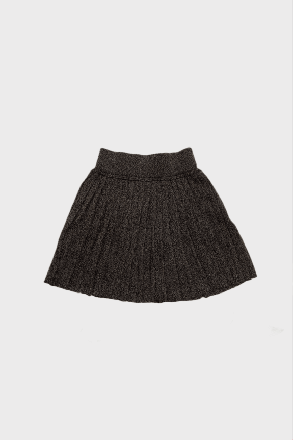 A gray knitted skirt with a pleated design on a white background.