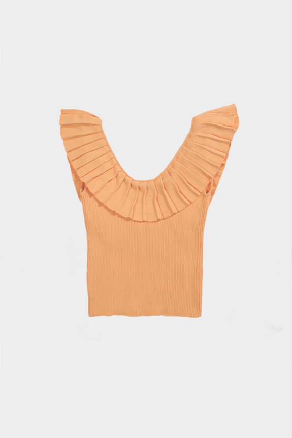 An orange sleeveless top with a pleated ruffled neckline.