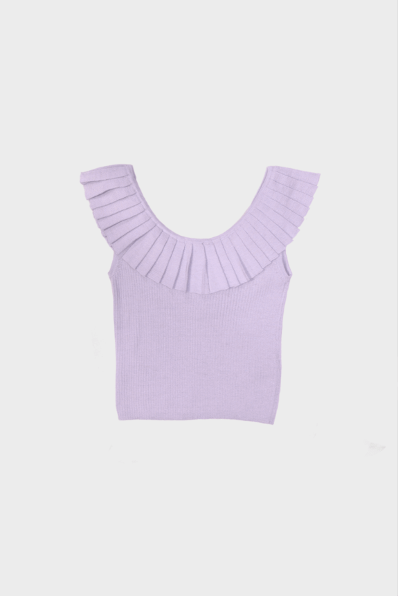 A lavender tank top with a pleated, ruffled neckline.