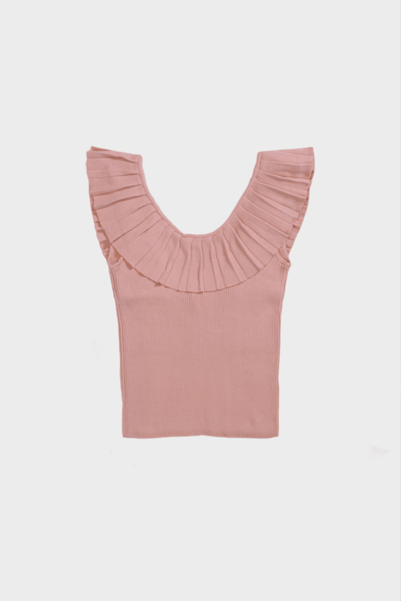 Pink sleeveless top with pleated ruffle details on the shoulders.