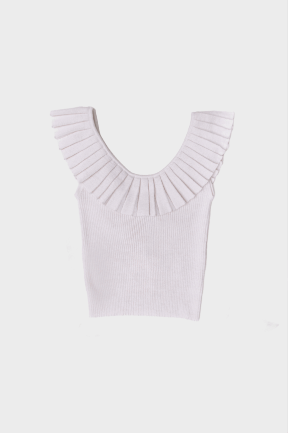White ribbed sleeveless top with pleated ruffle neckline.