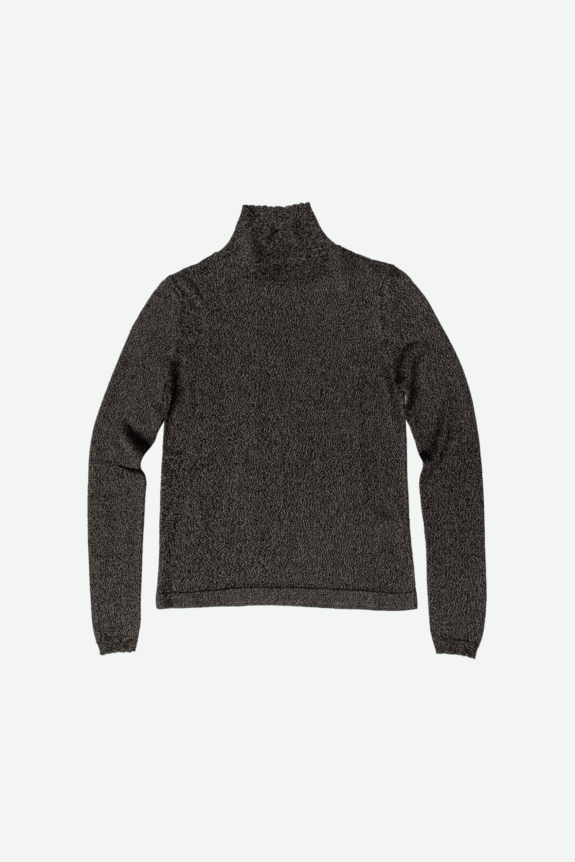 A gray textured turtleneck sweater.