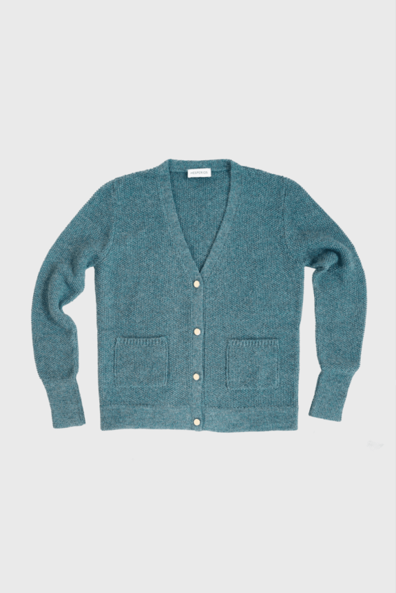 Blue knitted cardigan with buttons and two front pockets.