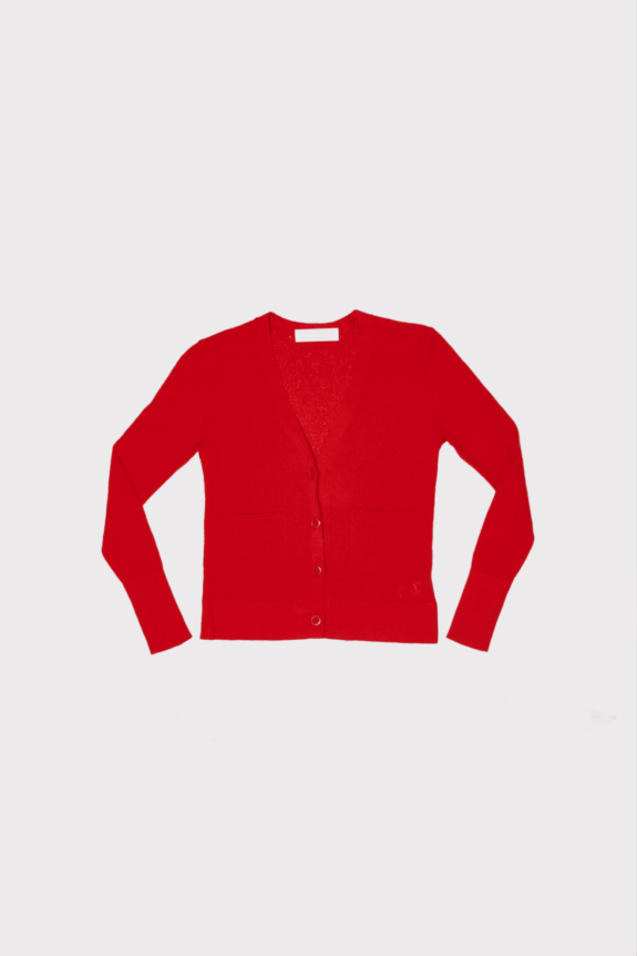 Red cardigan sweater with buttons and pockets displayed flat.