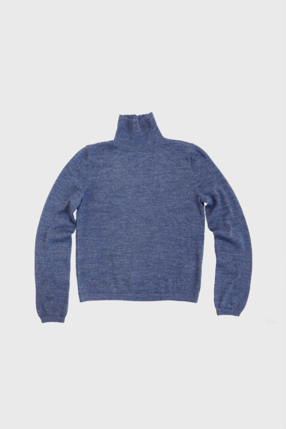 A blue turtleneck sweater on a plain white background.