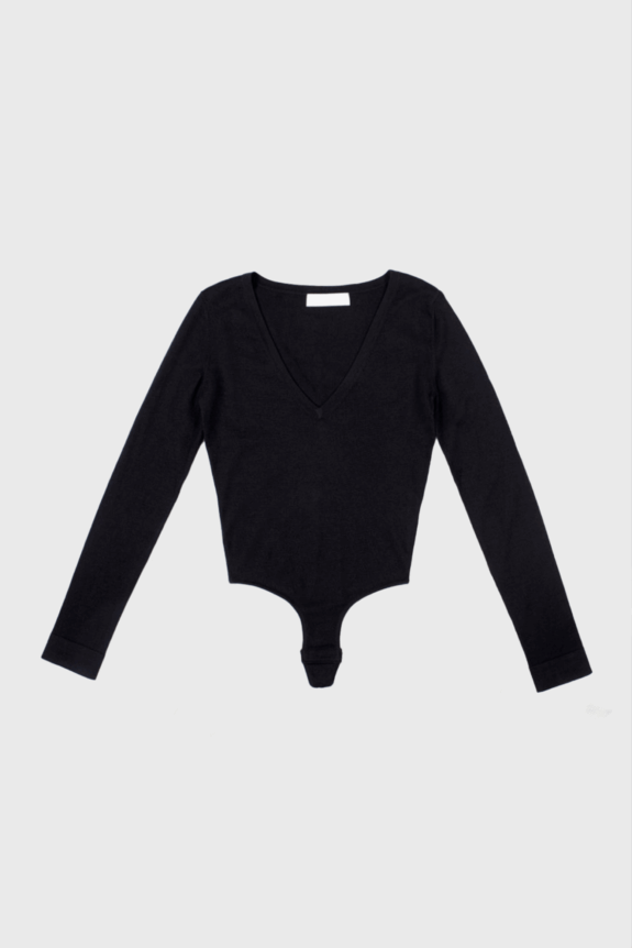 A black long-sleeve V-neck bodysuit on a white background.