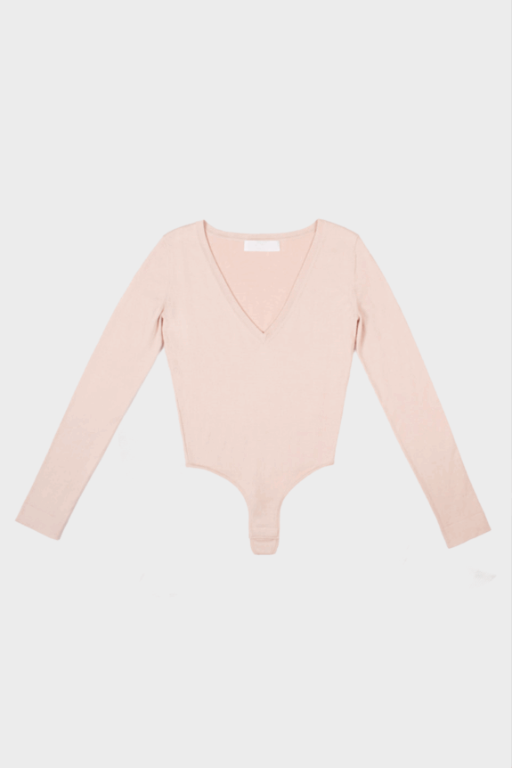 A light pink long-sleeve bodysuit with a V-neck design.